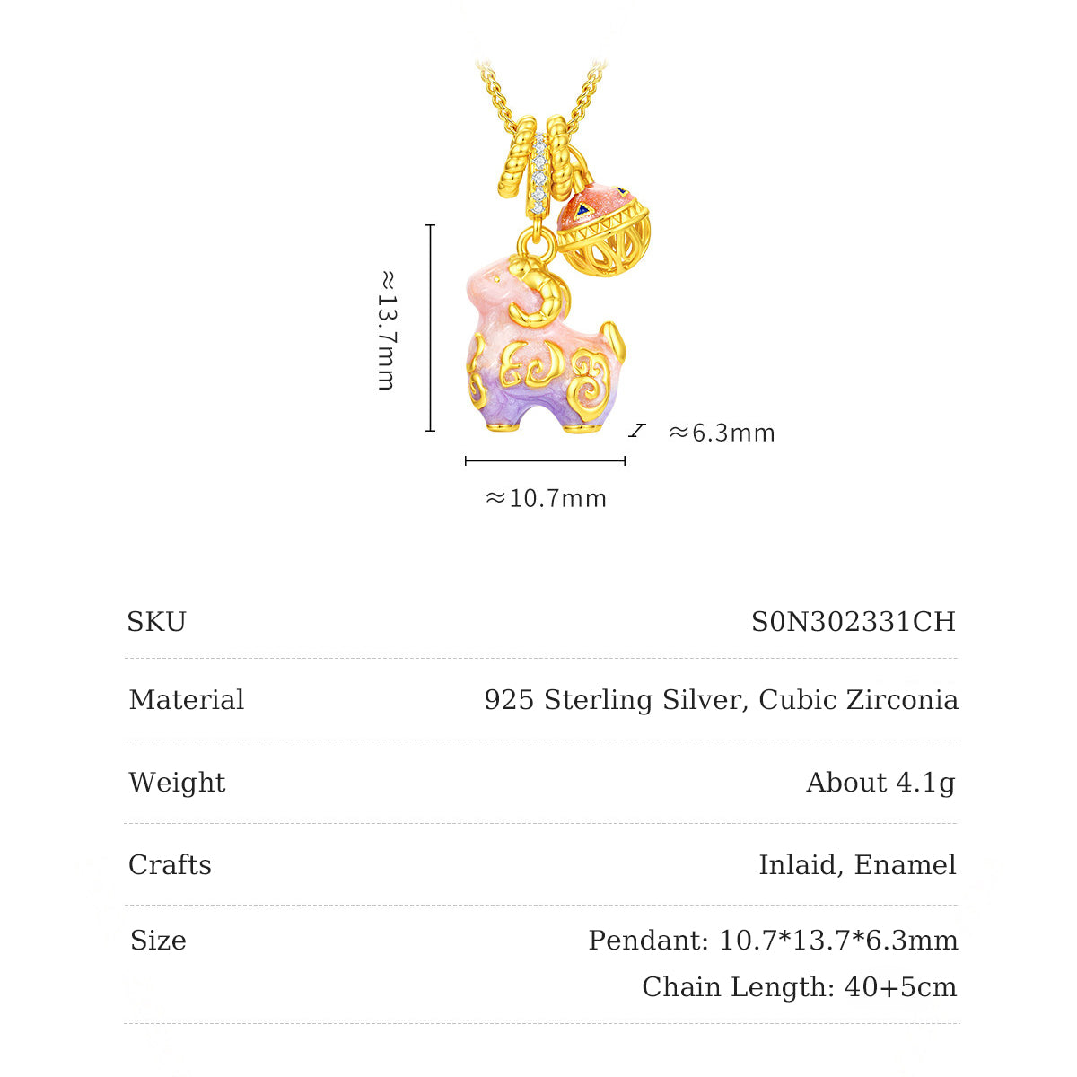 Enamel sheep necklace size chart: 10.7 x 13.7 x 6.3mm pendant, 40+5cm chain, SKU S0N302331CH
