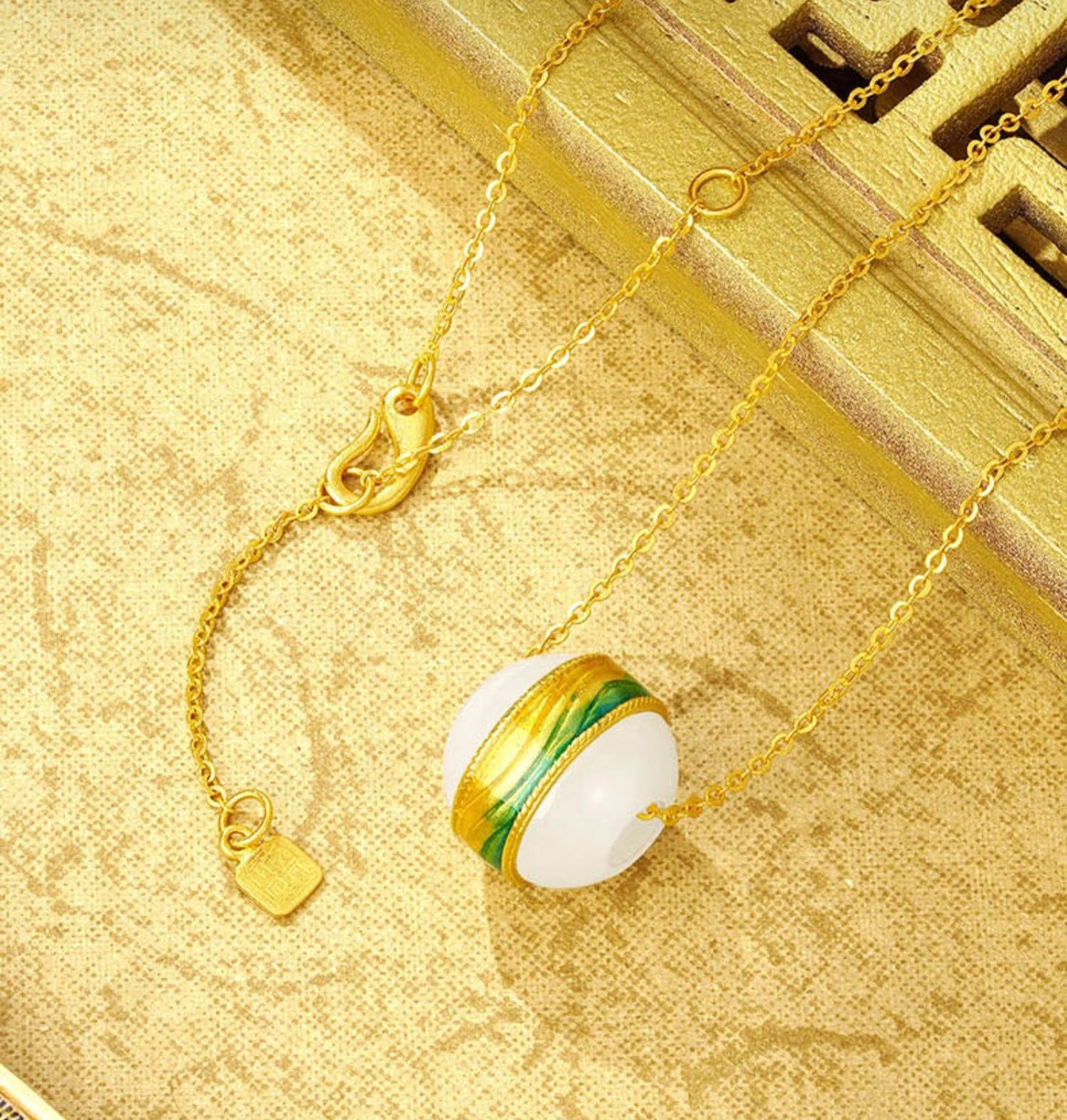 A Grand Panorama of Rivers and Mountains Series 24K Gold Enamel Hetian Jade Bead Necklace