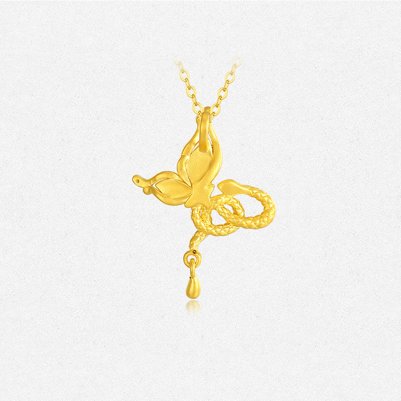 24K Gold Snake and Butterfly Dancing Pendant