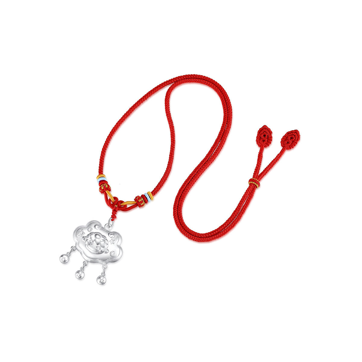 Full length view of 990 pure silver peace sheep Ruyi lock necklace — adjustable red braided cord with colorful ring accents, cloud lock pendant with three silver bell charms