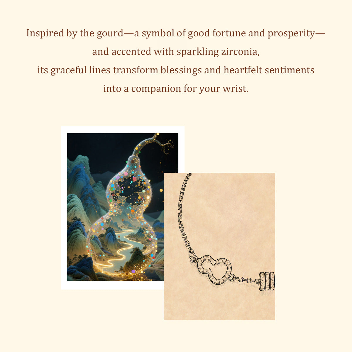 ChowTaiSeng gourd bracelet design inspiration — gourd symbol of good fortune with bracelet sketch illustration