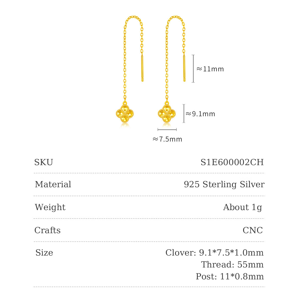 Clover threader earring size chart showing 9.1 x 7.5 x 1 mm charms, 55 mm chains and 11 x 0.8 mm posts