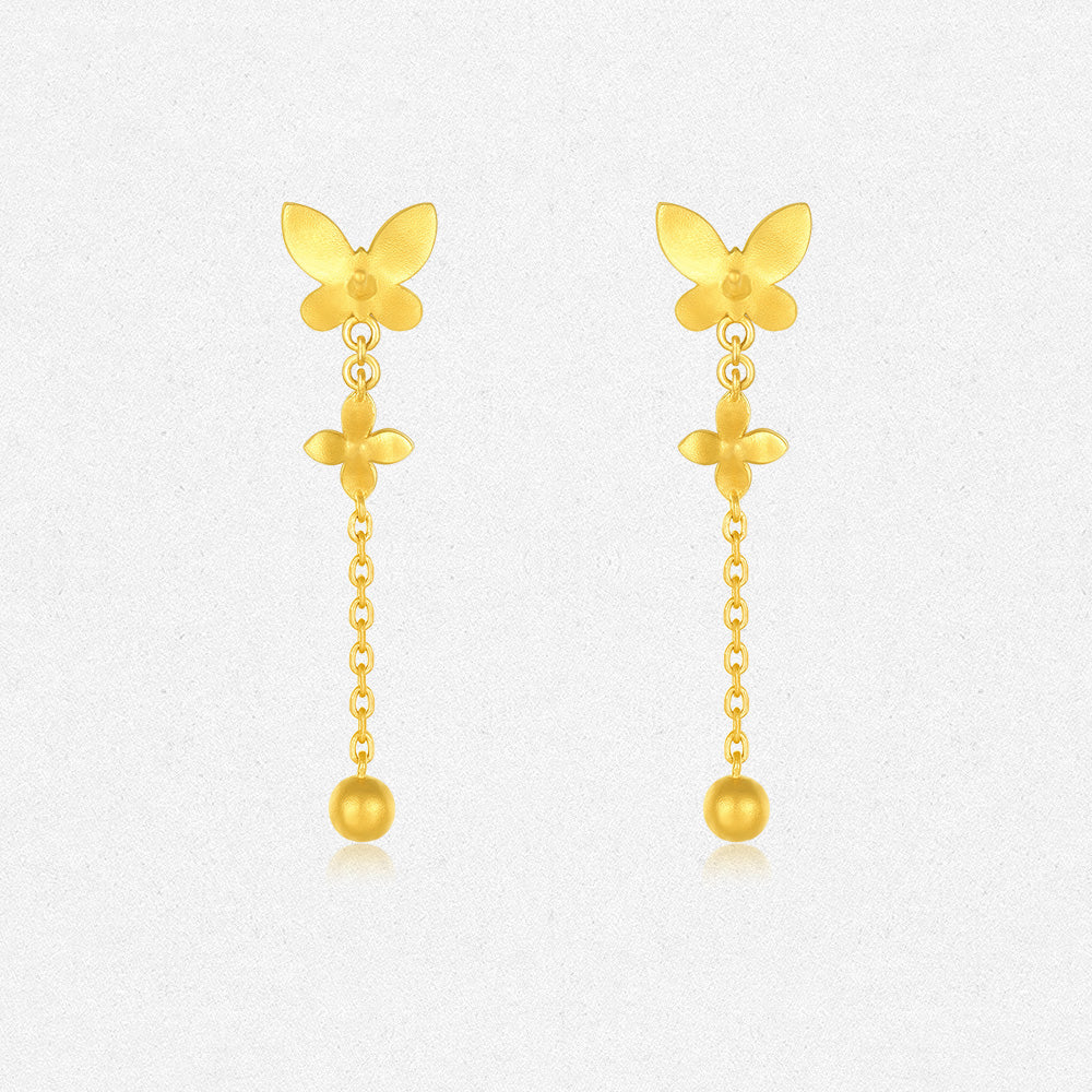 Twelve Gods of Flowers Series 24K Gold Butterfly Love Flower Drop Earrings