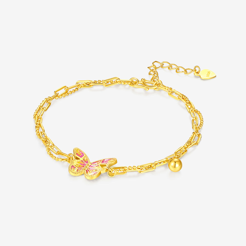 925 Silver Gold Plated Enamel Pink Butterfly Bracelet