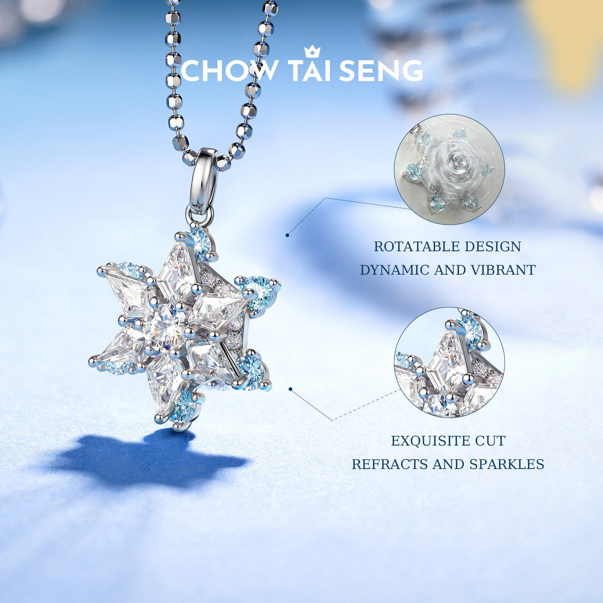ChowTaiSeng S925 silver rotatable snowflake necklace — brand feature image showing rotatable design and exquisite cut CZ refraction detail, blue bokeh background