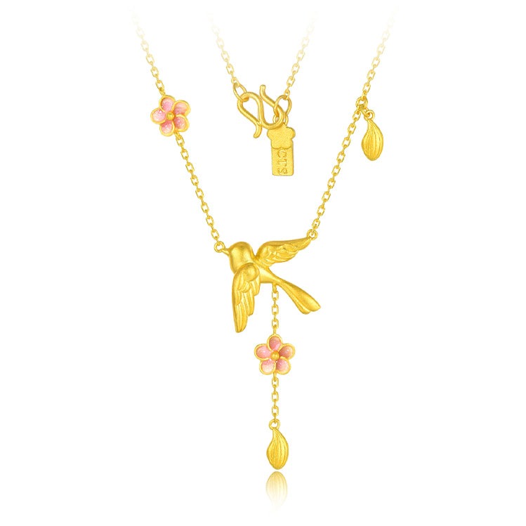 Twelve Gods of Flowers Series 24K Gold Enamel Magpie and Plum Blossom Y Necklace