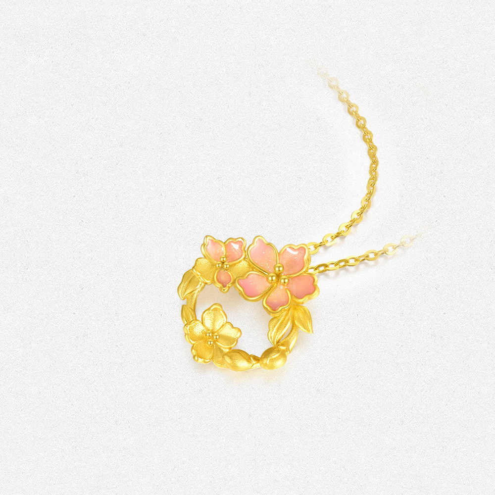 Twelve Gods of Flowers Series 24K Gold Enamel Peach Blossom Wreath Necklace Pendant