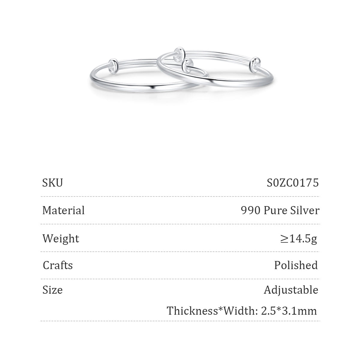 Product specification infographic for ChowTaiSeng 990 pure silver baby bangle: SKU S0ZC0175, material 990 pure silver, weight ≥14.5g, craftsmanship polished, size adjustable, thickness x width 2.5x3.1mm