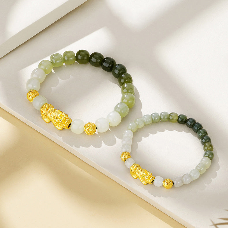 24K Gold Pixiu Hetian Jade Couple Beaded Bracelet