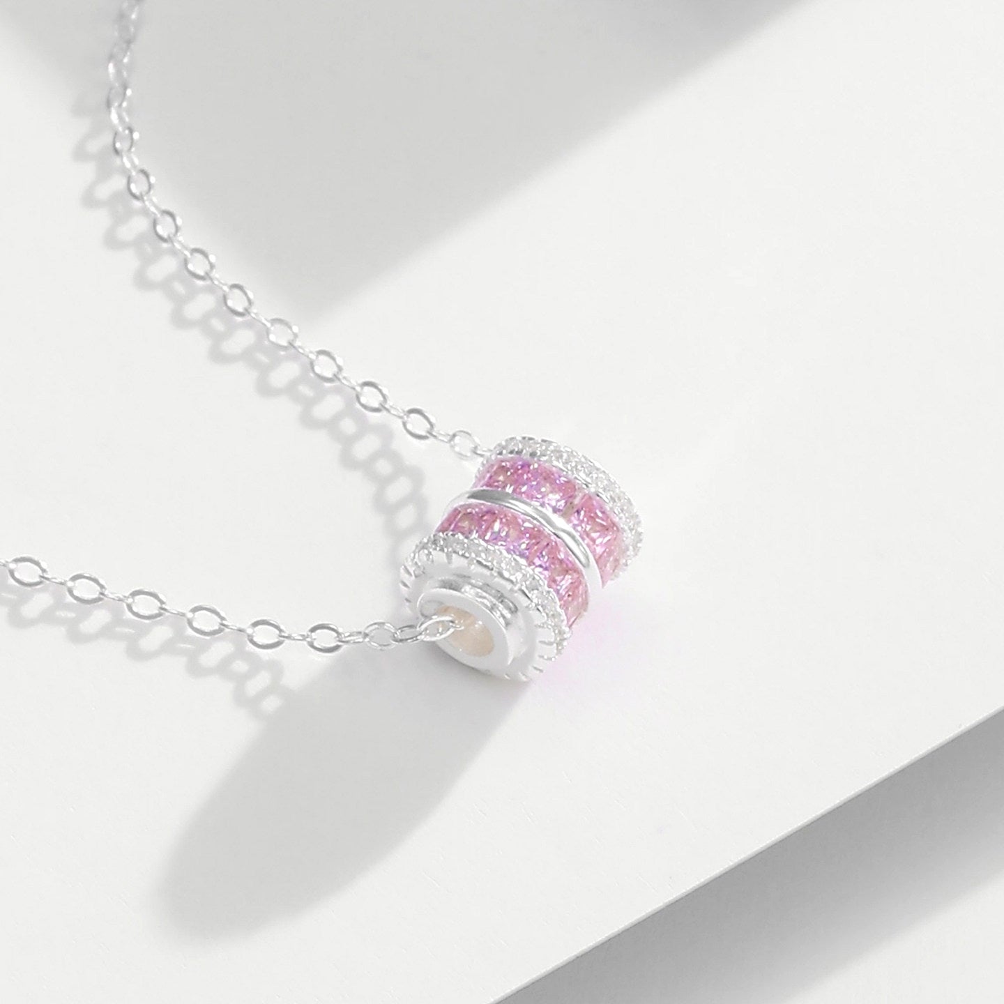 Silver Zircon Pink Small Waist Barrel Necklace