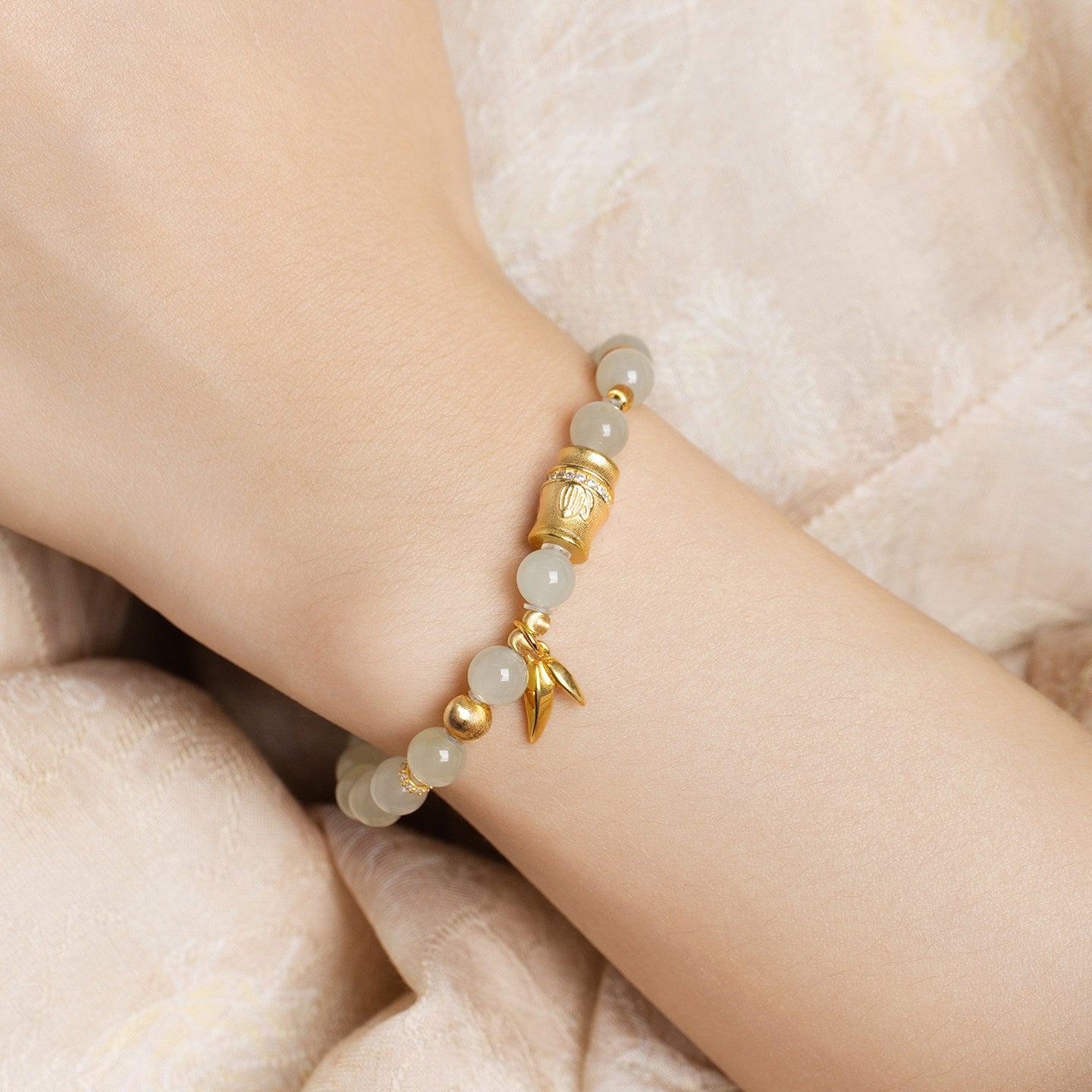 Gold Plated Silver Hetian Jade Bamboo Beaded Bracelet