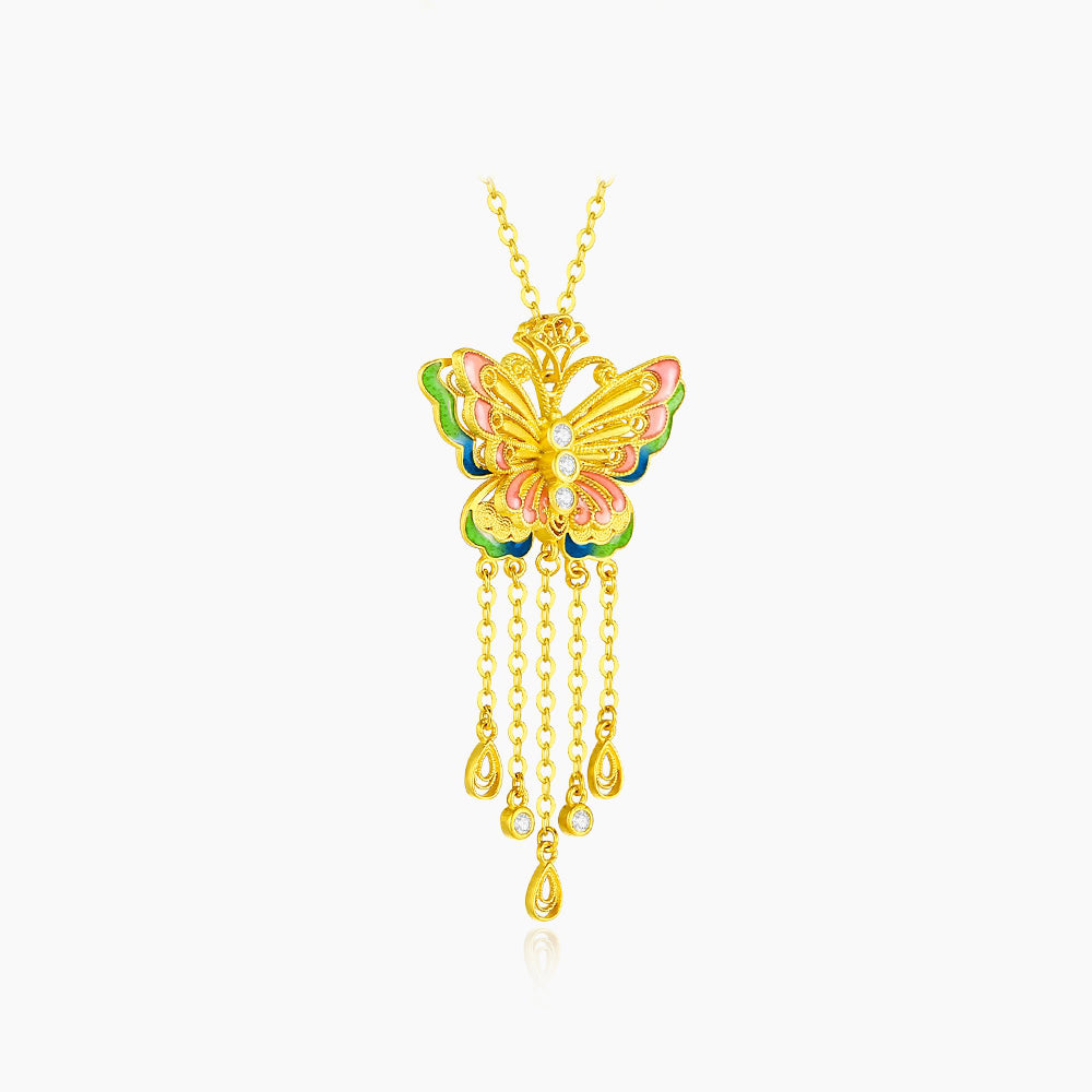 925 Silver Gold Plated Enamel Butterfly Tassel Necklace