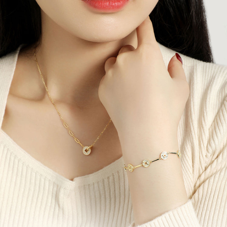 S925 Silver Zircon Golden Coin Interlocking Necklace