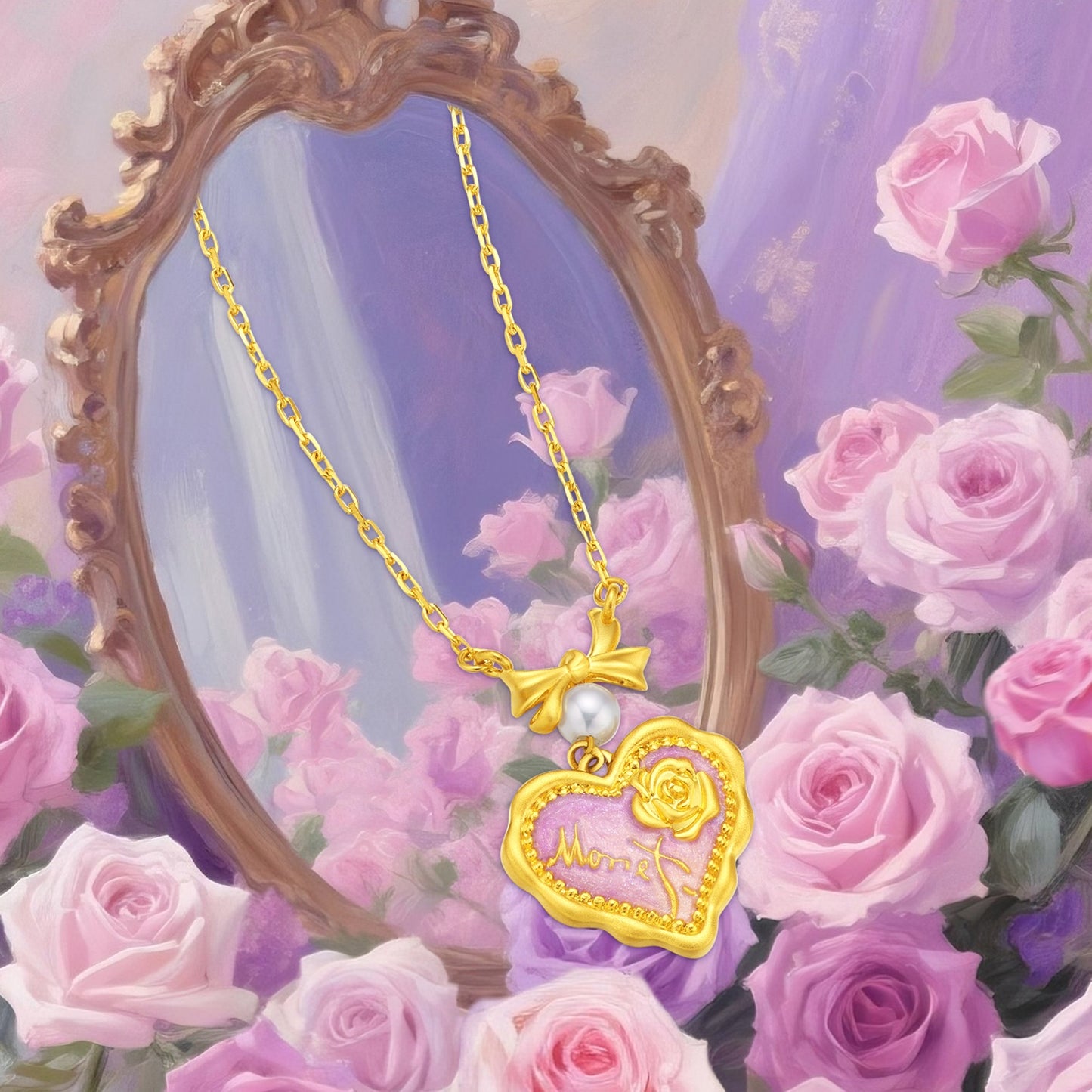 Monet Garden Series 24K Gold Pearl Rose Heart Necklace