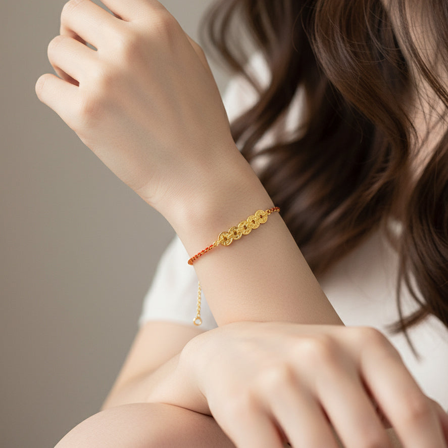 18K Gold Shining Five Emperors Coins Calabash Gourd String