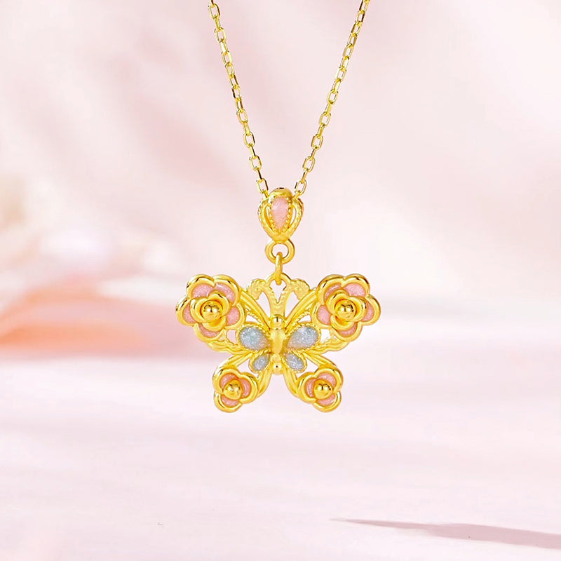 Twelve Gods of Flowers Series 24K Gold Enamel Camellia Butterfly Necklace Pendant