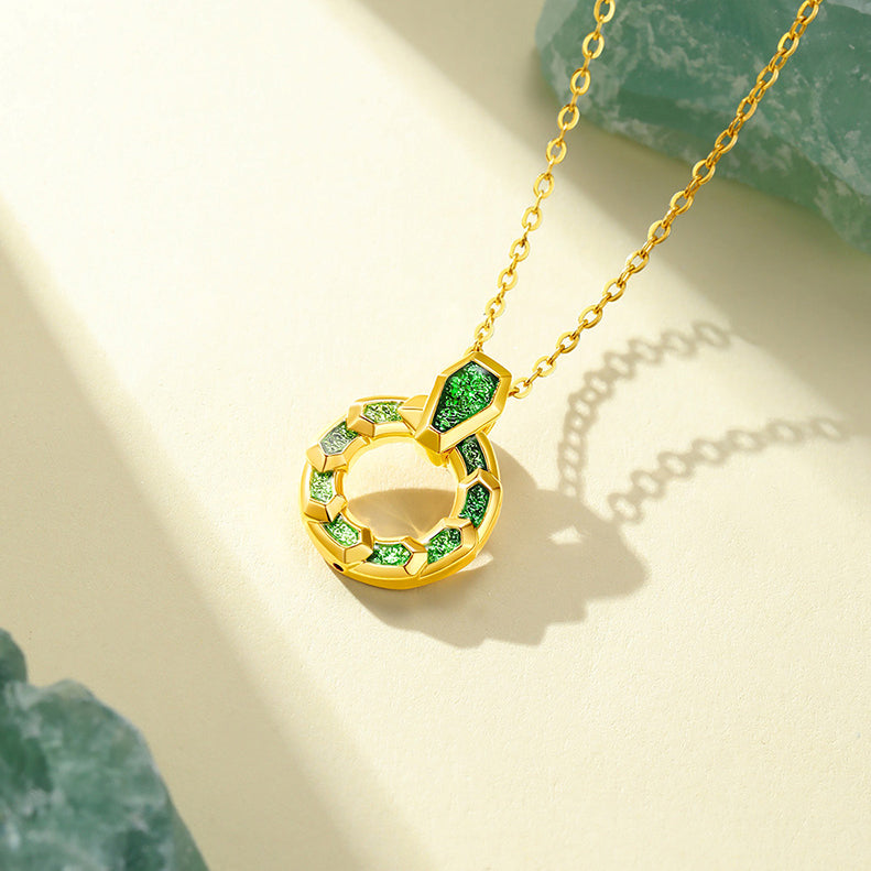 24K Gold Green Coiled Snake Necklace Pendant