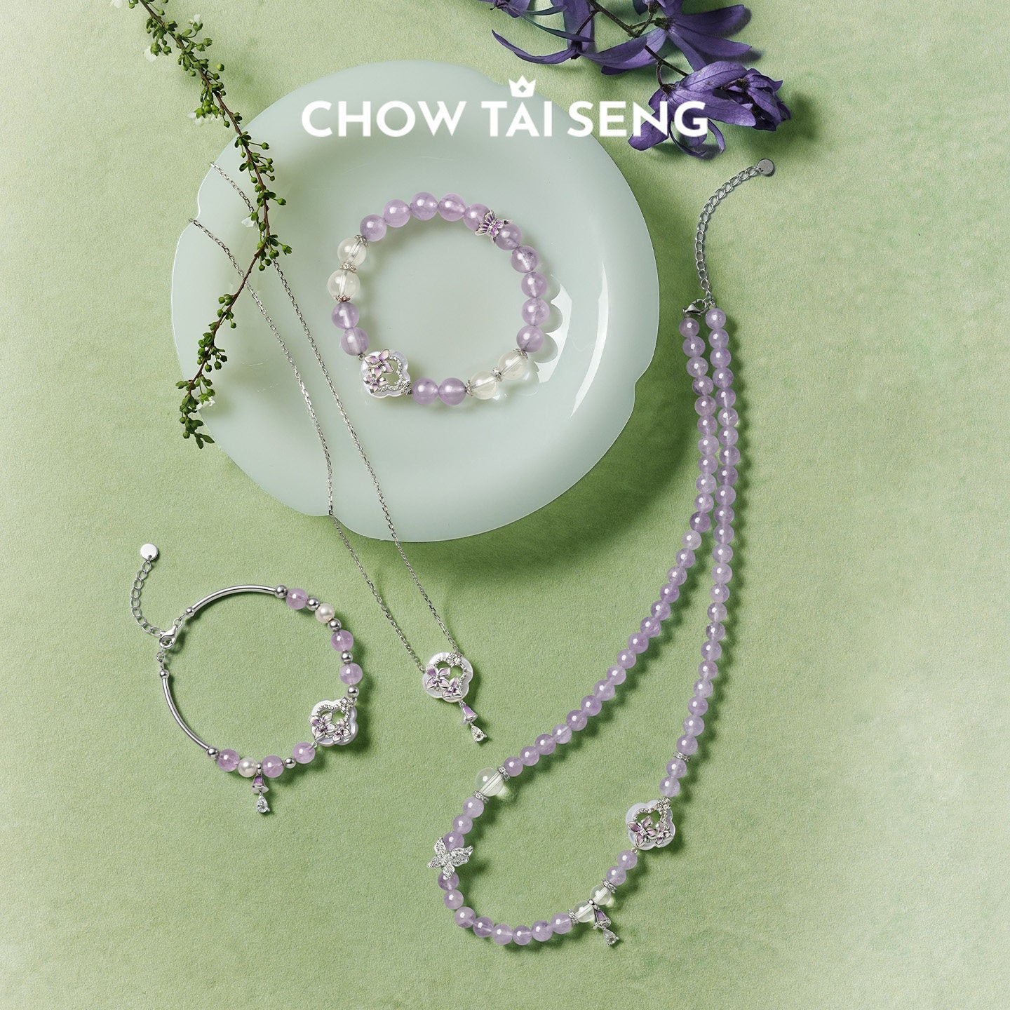 Silver Shell Wisteria Flower Garden Jewelry Set - Bracelet Necklace