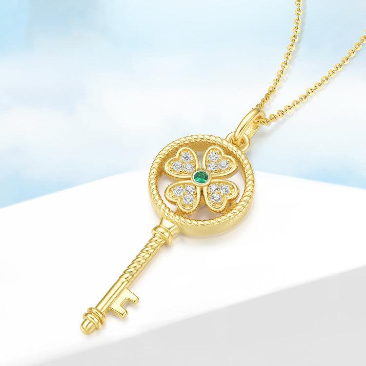 S925 Silver Zircon Rotating Clover Key Necklace Pendant