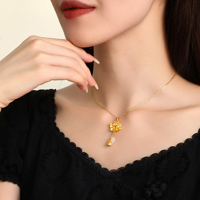 24K Gold Hetian Jade Lotus Necklade Pendent