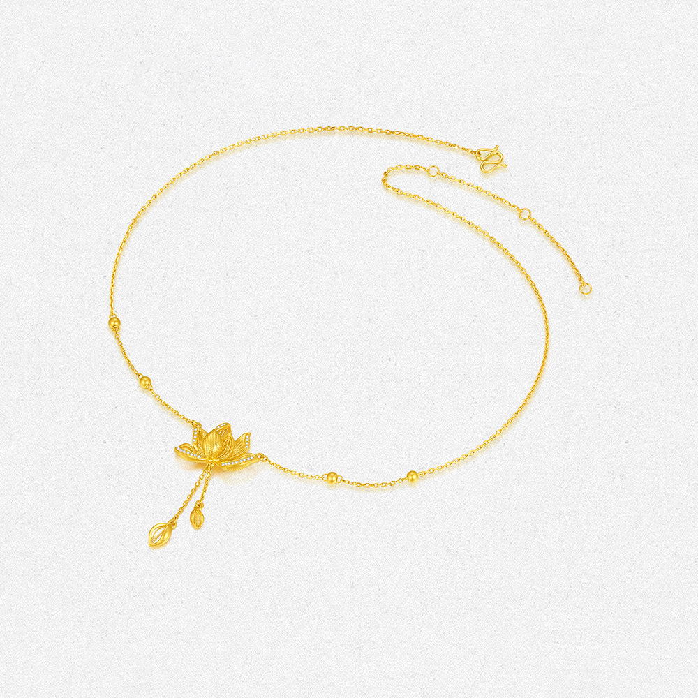 24K Gold Diamond Lotus Tassel Necklace