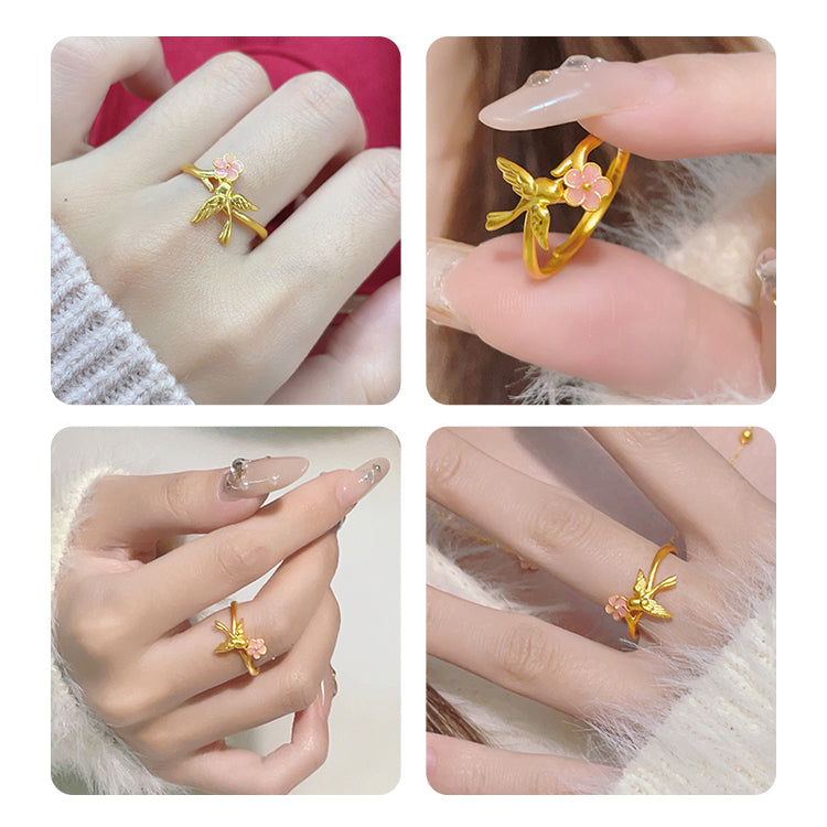 Twelve Gods of Flowers Series 24K Gold Enamel Magpie and Plum Blossom Ring