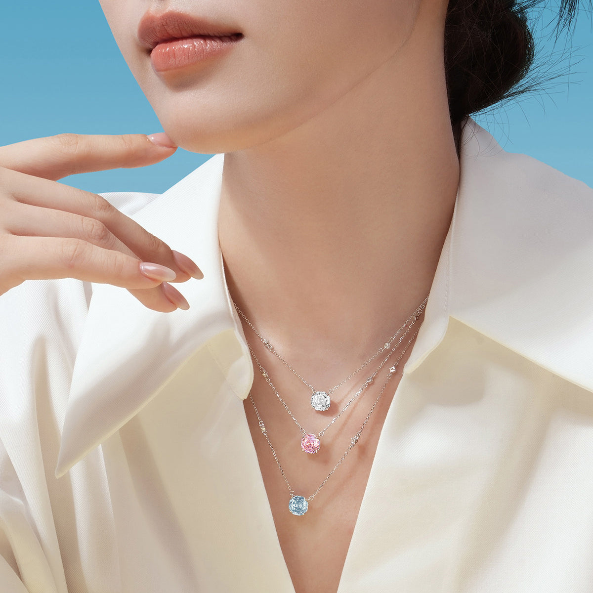 【𝐋𝐢𝐦𝐢𝐭𝐞𝐝-𝐭𝐢𝐦𝐞 𝐝𝐢𝐬𝐜𝐨𝐮𝐧𝐭】Silver Zircon Colored Rose Solitaire Bezel Jewelry Set - Bracelet & Necklace