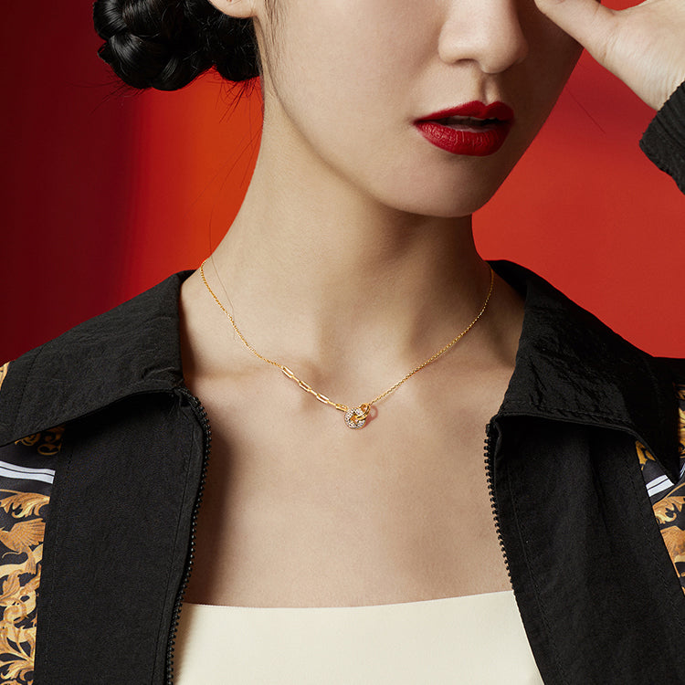 S925 Silver Zircon Golden Coin Interlocking Necklace
