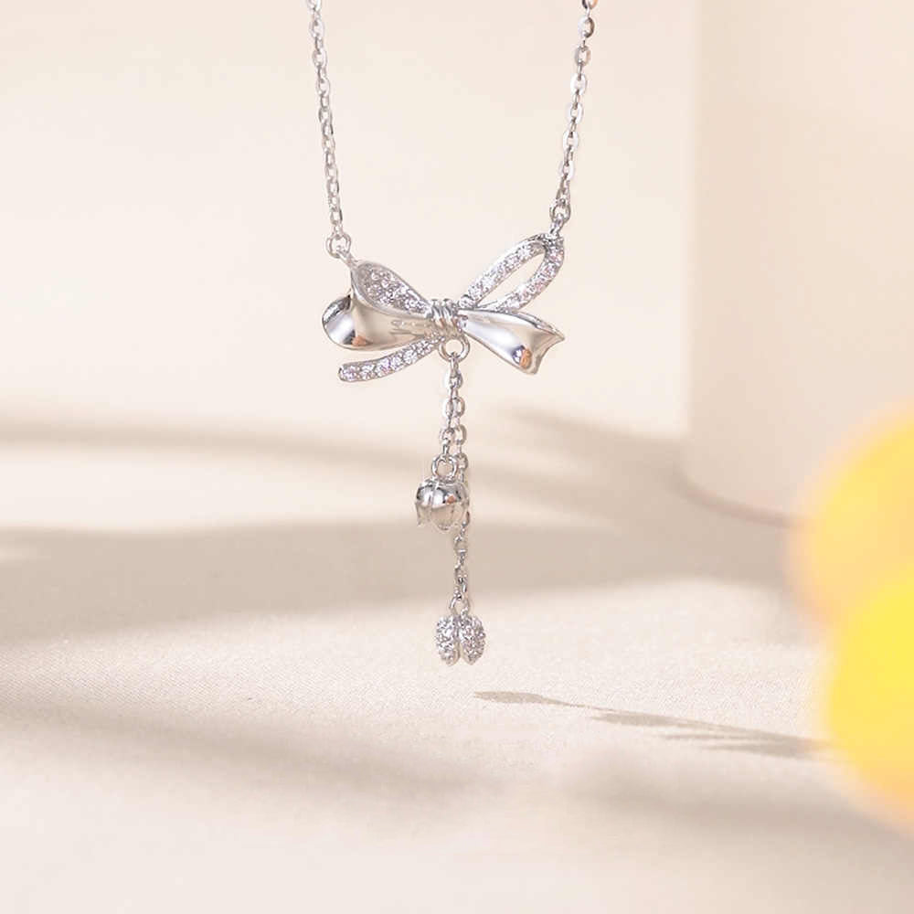 S925 Silver Bow Lily of the Valley Tassel Necklace