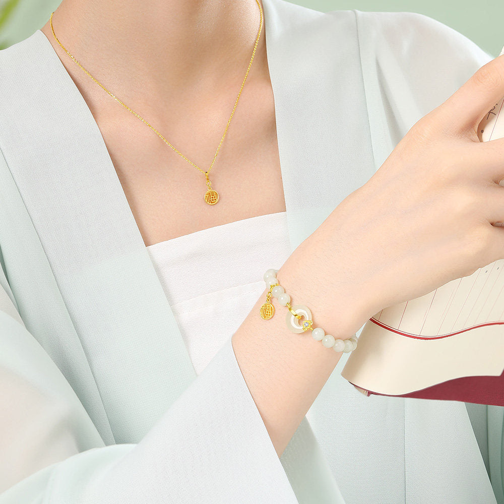 [Pre-sale] Gold Plated Silver Hetian Jade Ping An Buckle Bead Bracelet