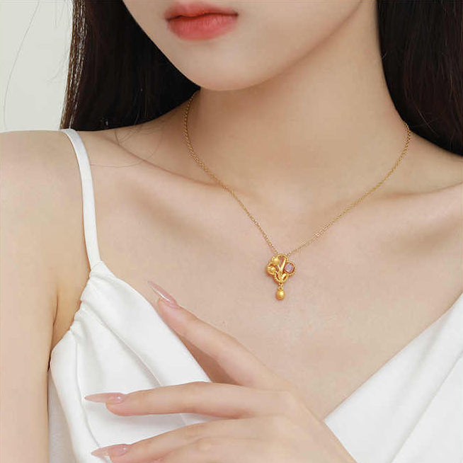 24K Gold Hetian Jade Shell Tulip Necklace Pendant