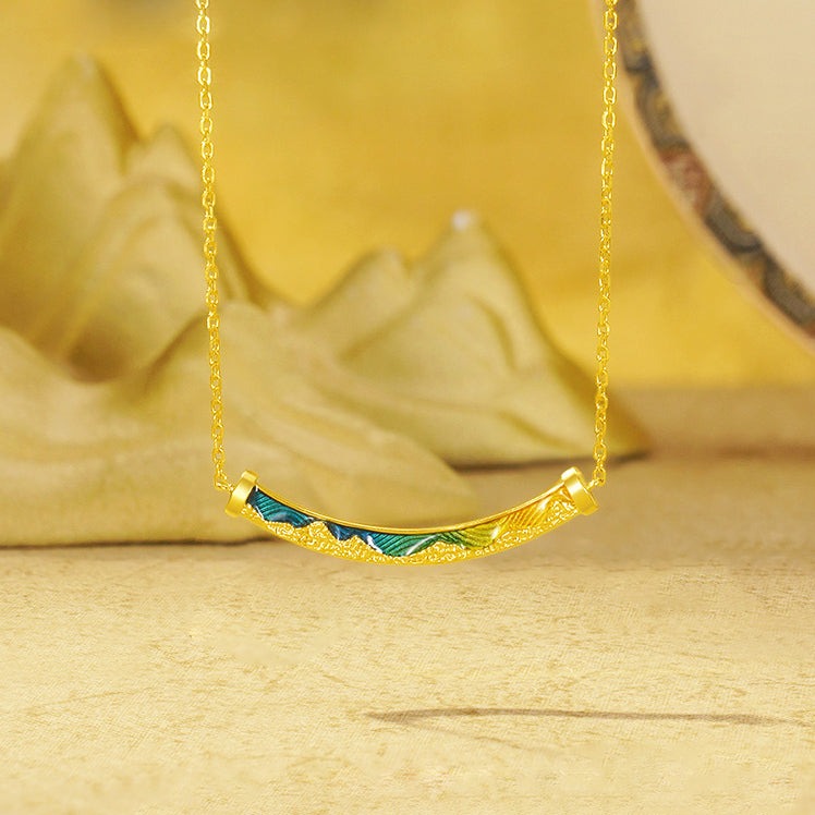 A Grand Panorama of Rivers and Mountains Series 24K Gold Enamel Arc Bar Necklace