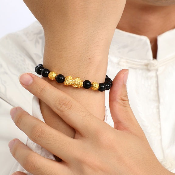 24K Gold Pixiu Obsidian Men Beaded Bracelet