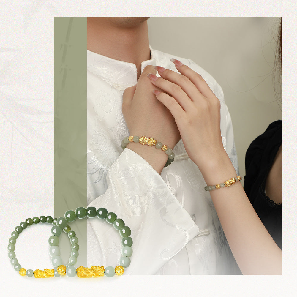 24K Gold Pixiu Hetian Jade Couple Beaded Bracelet