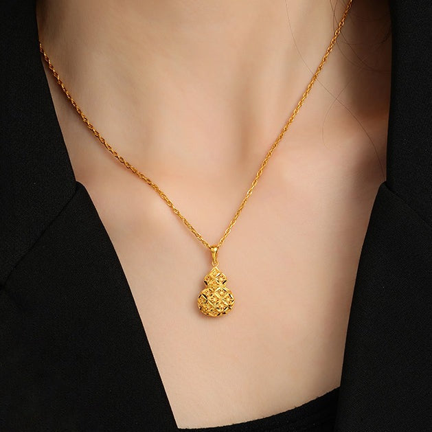 24K Gold Filigree Craft Gourd of Good Fortune Necklace Pendant