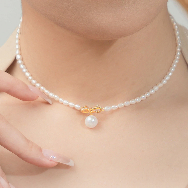 S925 Silver Pearl Golden Bow Knot Choker Necklace