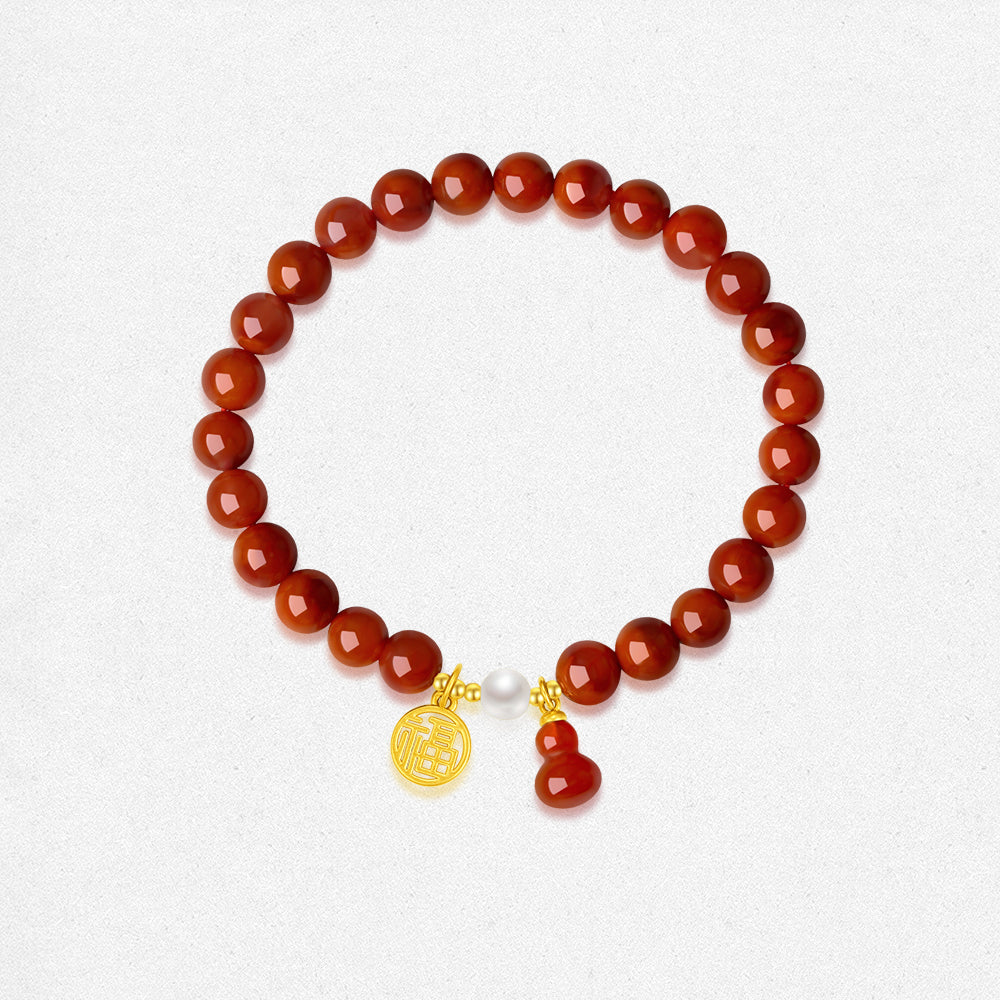 24K Gold Pearl South Red Agate Blessing Beaded Bracelet