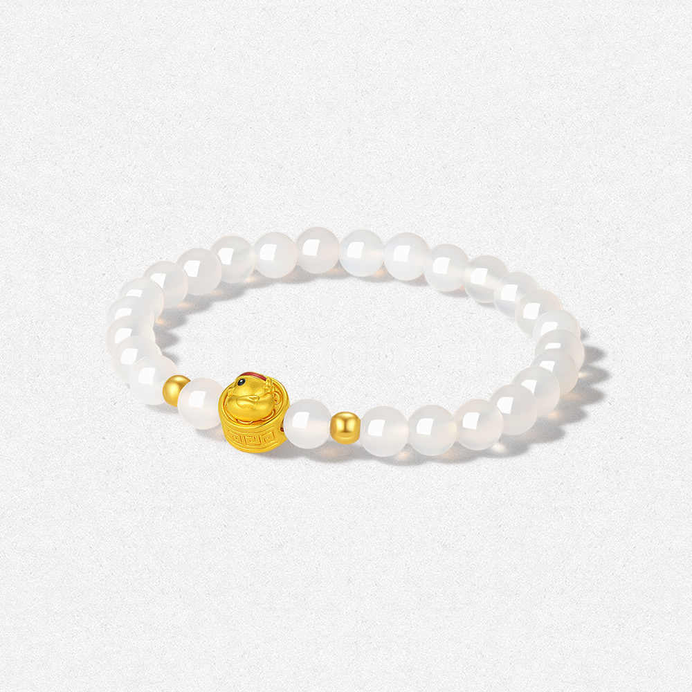 24K Gold Rotatable Cheering Duck Charm White Chalcedony Beaded Bracelet