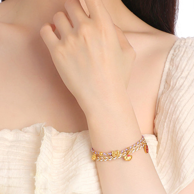 24K Gold Love Knot Peach Blossom Braided Bracelet