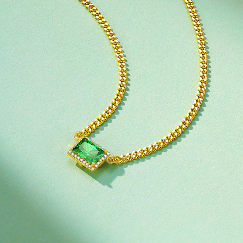 [Pre-sale] S925 Silver Green Emerald Cut Zircon Curb Necklace