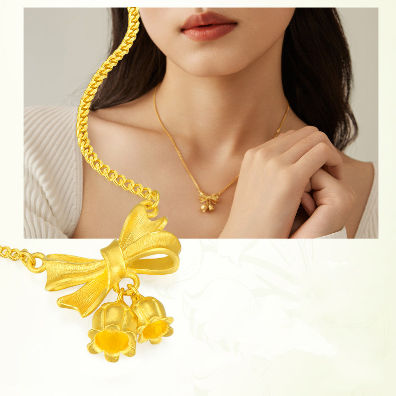 Happy Flower Wedding Series 24K Gold Bow Knot Lily of the Valley Flower Necklace