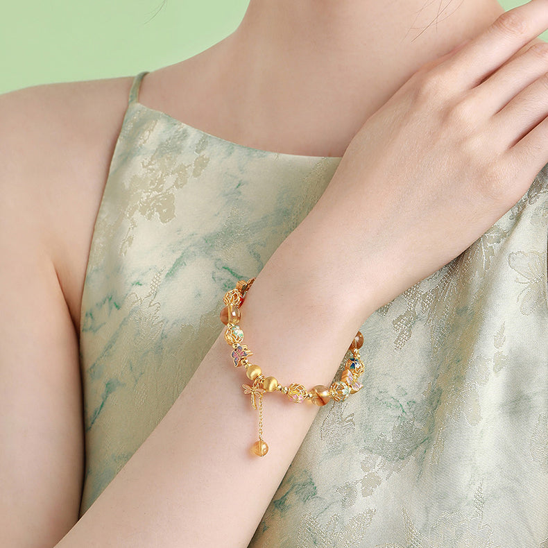 S925 Silver Dragonfly Butterfly Embroidery Ball Citrine Beaded Bracelet