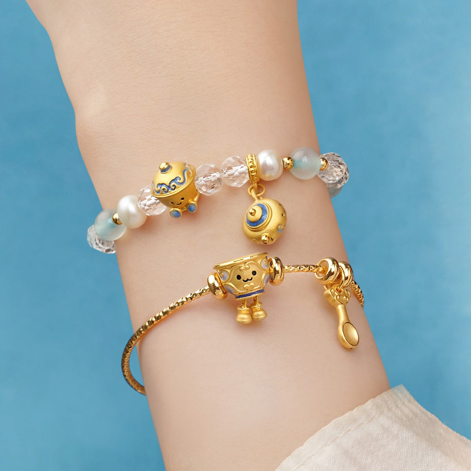 Chinese Cultural Relics Series 24K Gold Luminous Enamel Blue and White Porcelain Charm