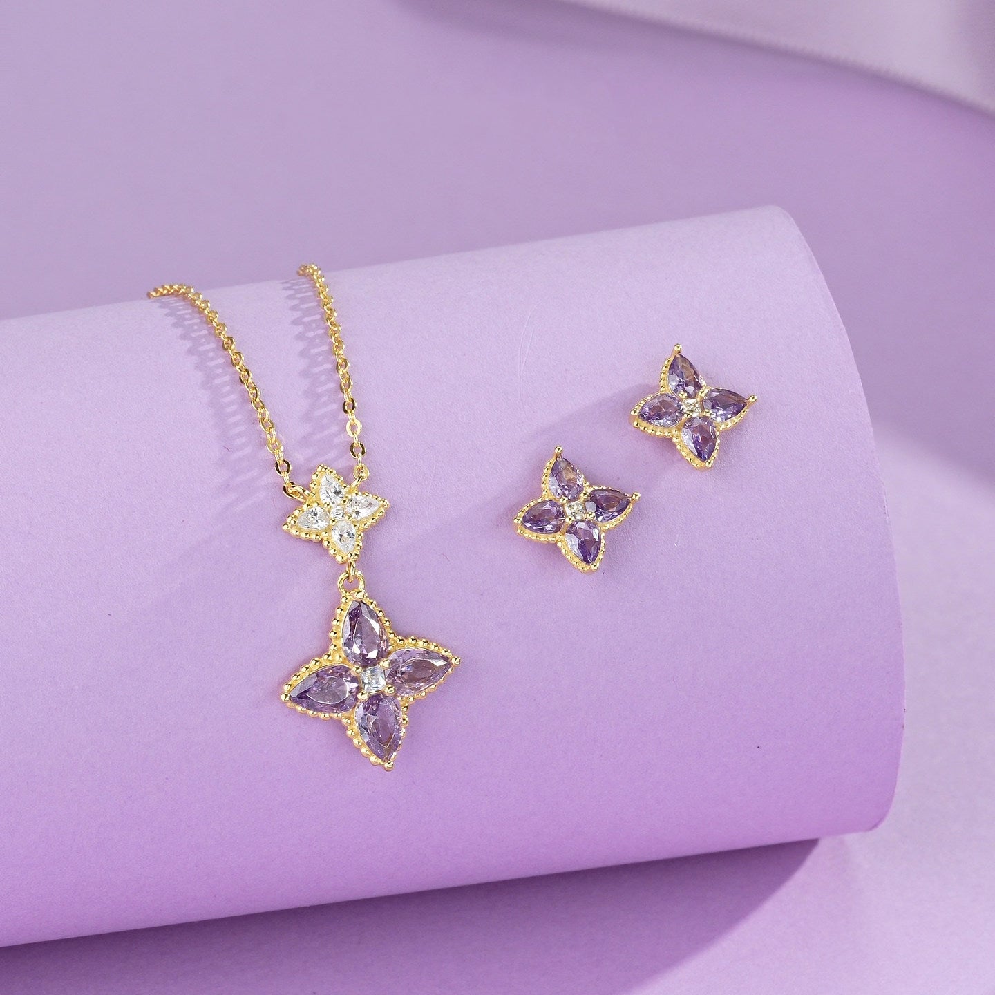 Gold Plated Silver Zircon Purple Lucky Clover Jewelry Set - Necklace & Earrings