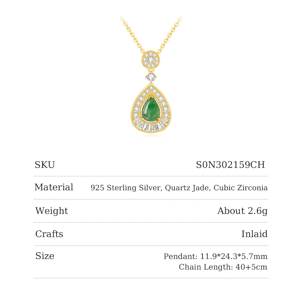Gold Plated Silver Pear-shaped African Green Jade Drop Necklace