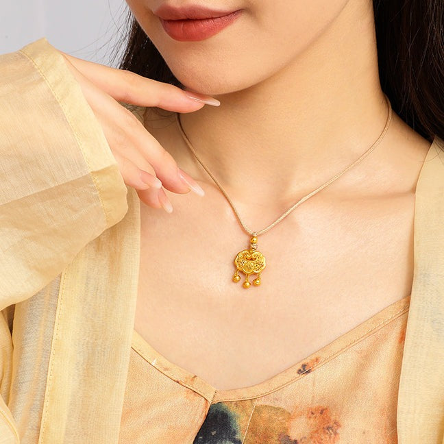 24K Gold Fortune Ruyi Lock and Bells Necklace Pendant