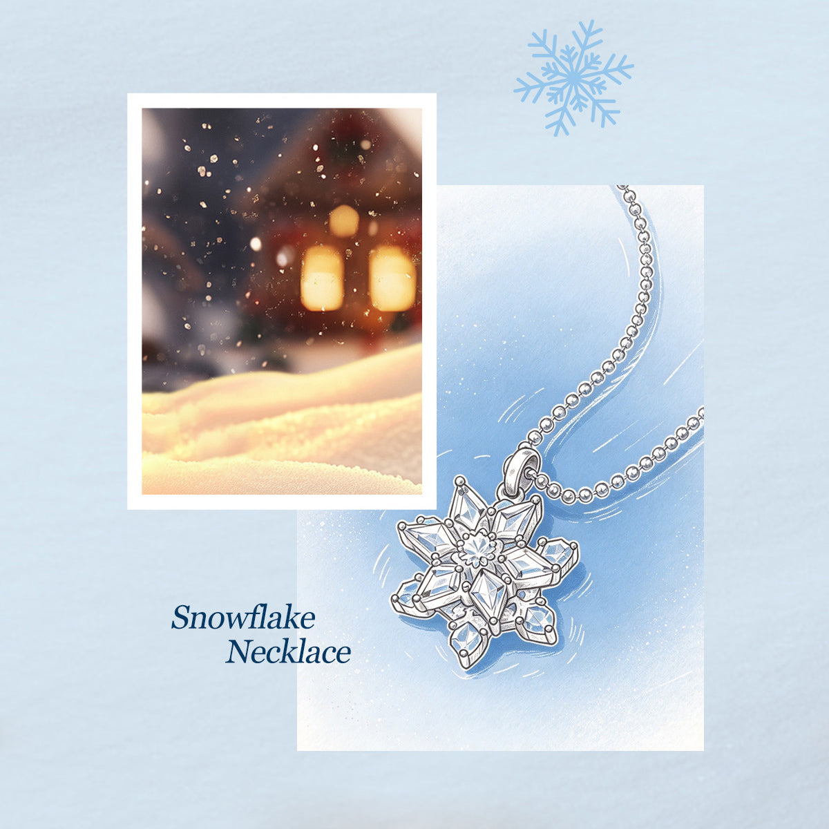 ChowTaiSeng S925 silver snowflake necklace holiday scene — Polaroid snowy cabin photo, illustrated pendant on blue background with snowflake motifs, Snowflake Necklace text