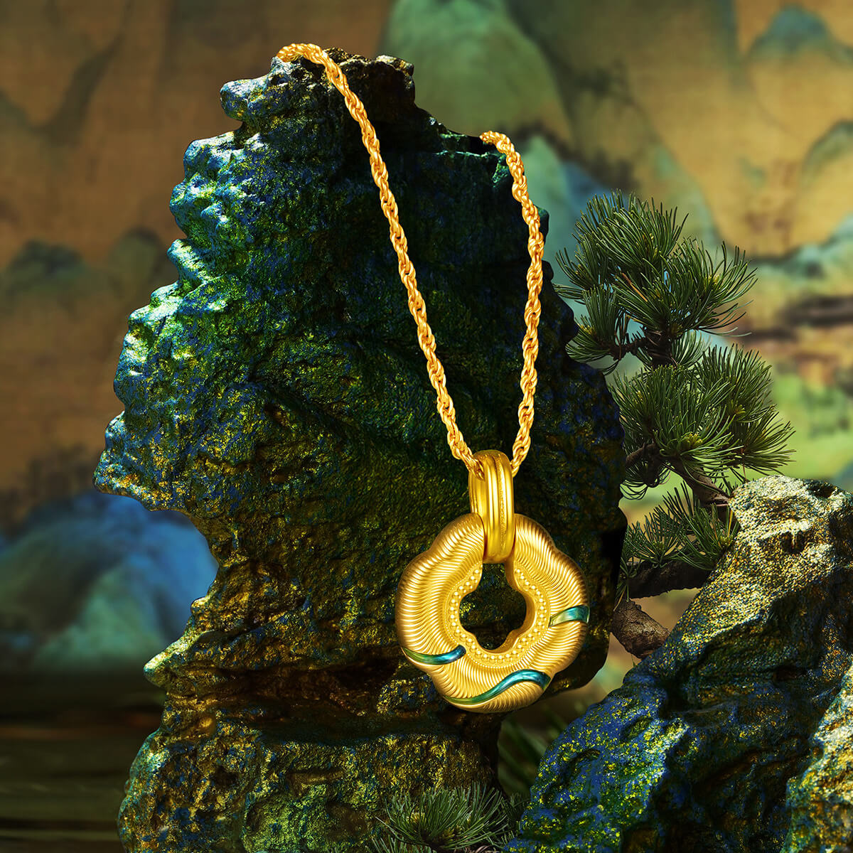 ChowTaiSeng 24K Gold Green Clover Pendant on gold rope chain, styled on dark green rock with pine tree backdrop, inspired by A Thousand Miles of Rivers and Mountains