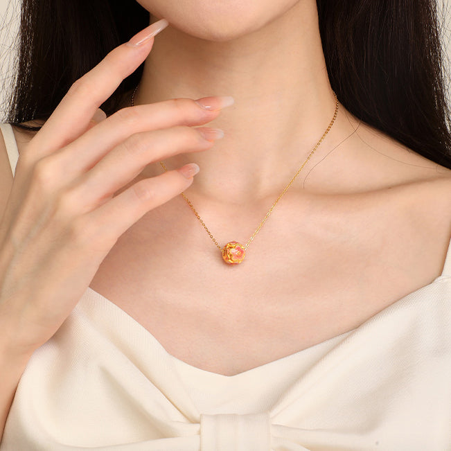 24K Gold Enamel Peach Blossom Ball Pendant