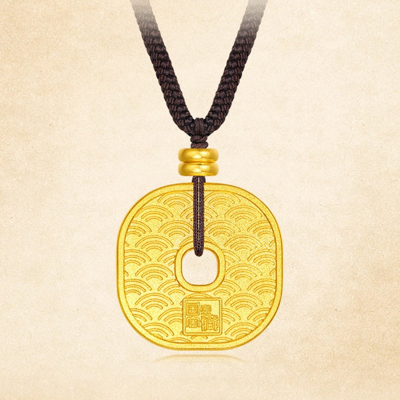 A Grand Panorama of Rivers and Mountains Series 24k Gold Enamel Square Lucky Coin Pendant